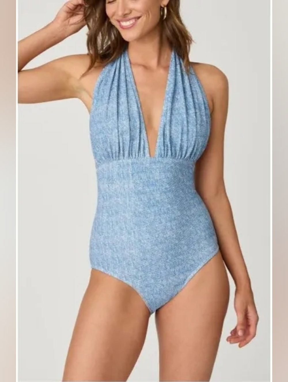 NWT: Shoshanna Deep V Halter One Piece Swimsuit in Blue Denim
